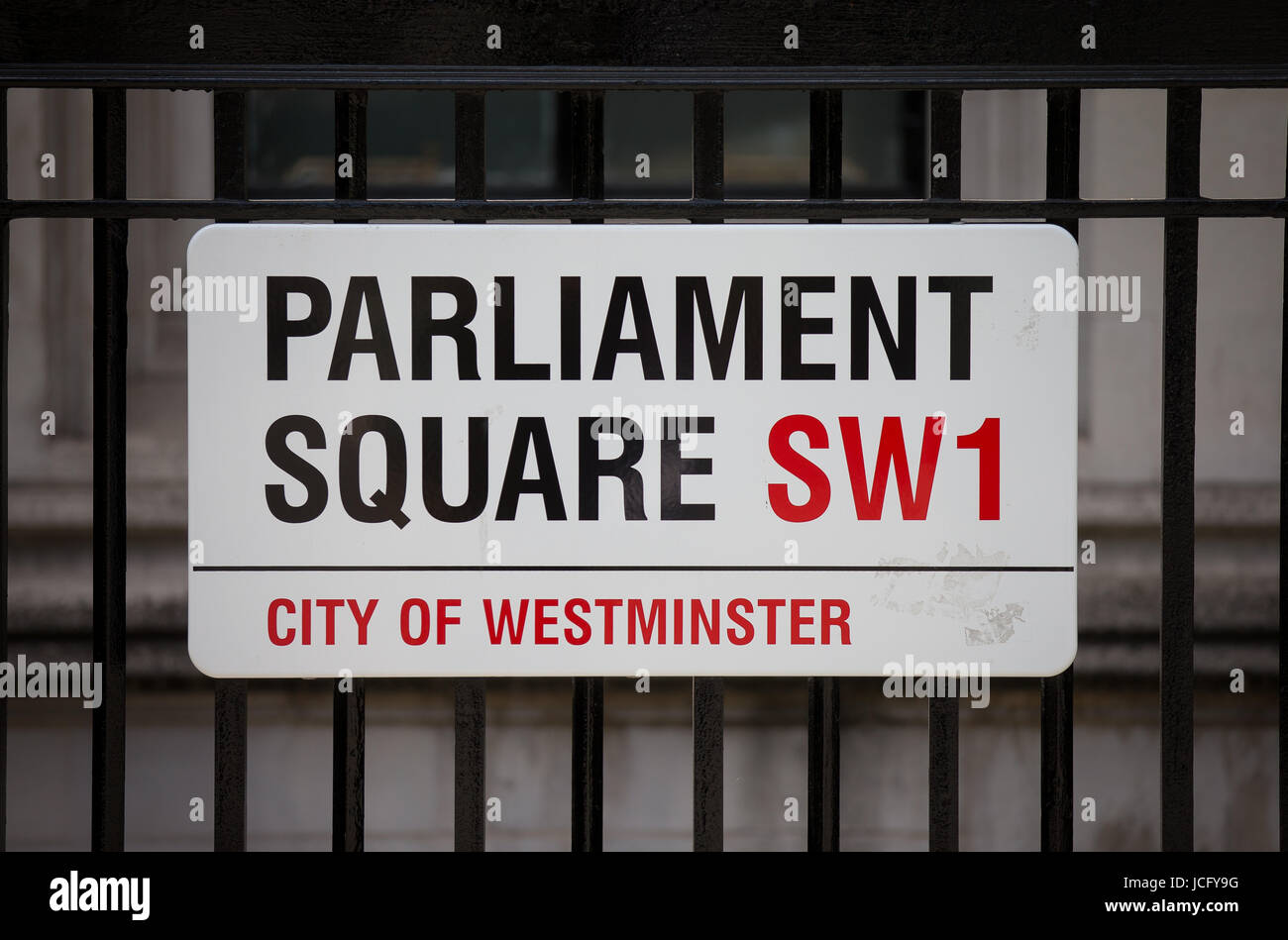 Parliament Square street sign on railings in the City of Westminster, London SW1 Stock Photo