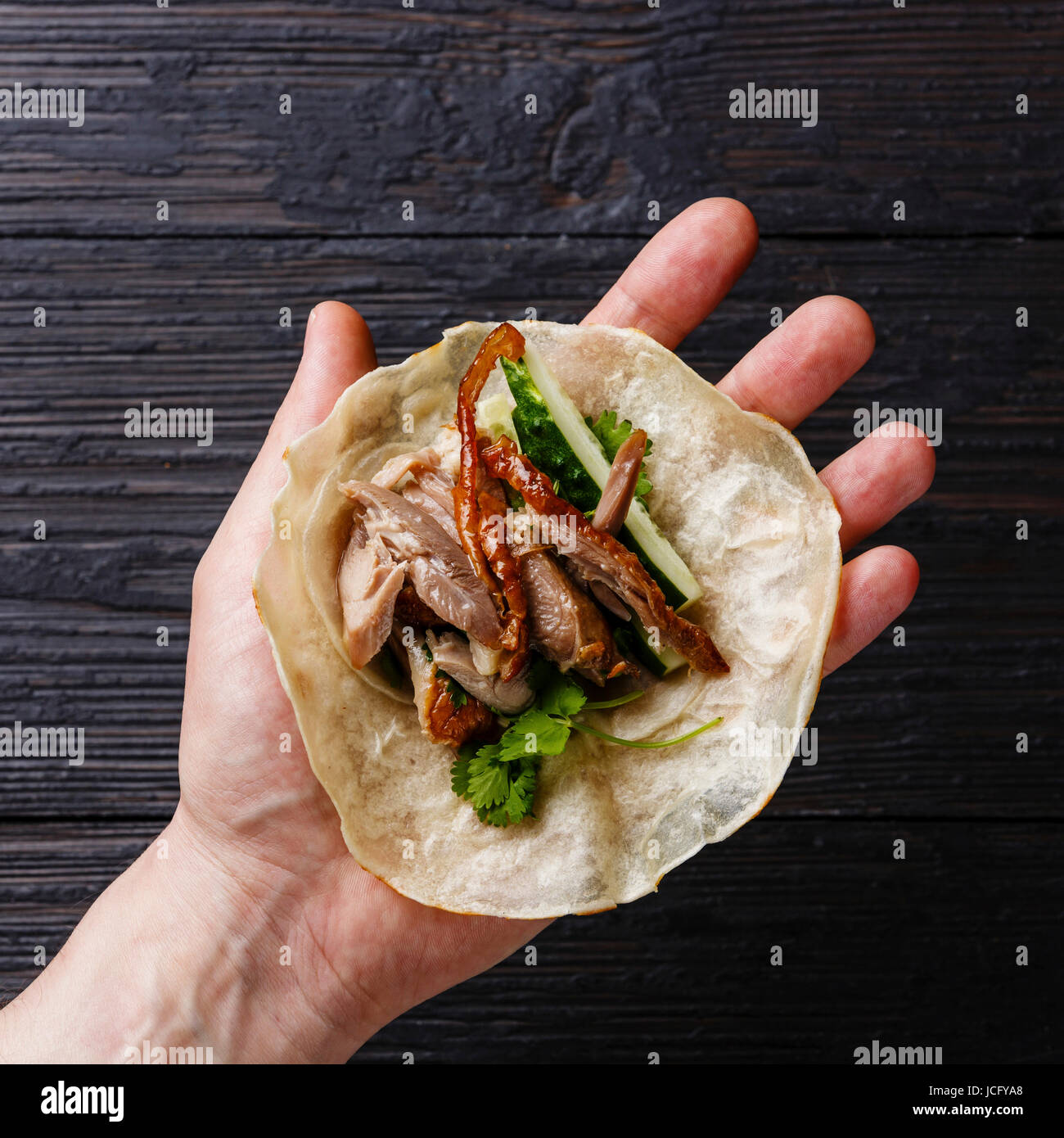 Peking Duck with cucumber, green onions and cilantro in roasted wheaten