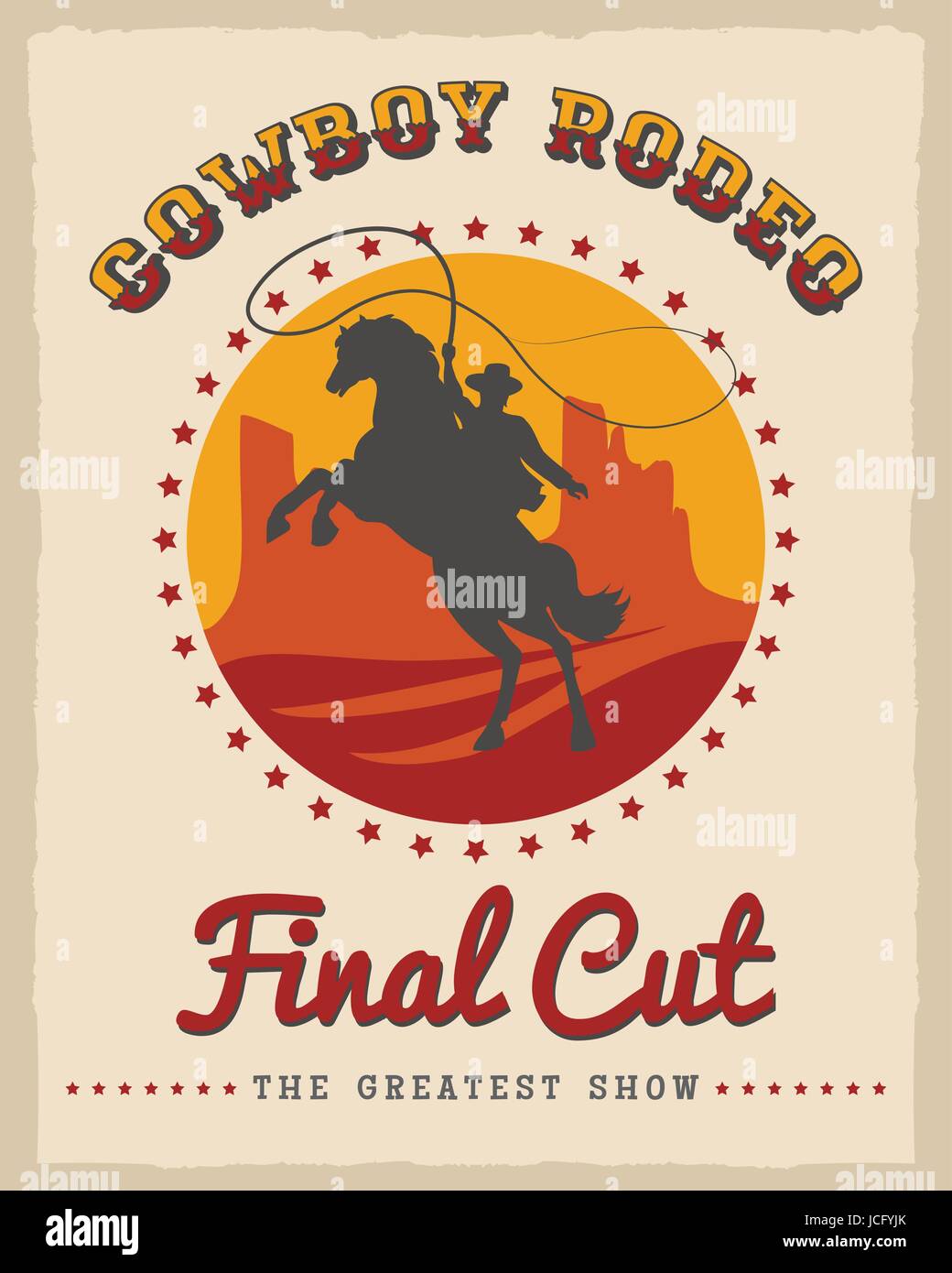 Cowboy rodeo poster vector illustration. American country style texas western vintage placard design template Stock Vector