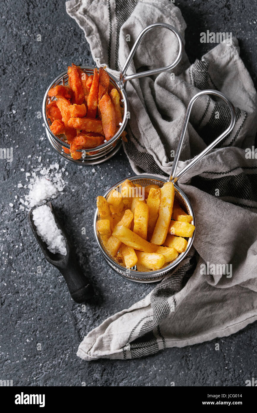 Variety of french fries traditional potatoes, sweet potato, carrot