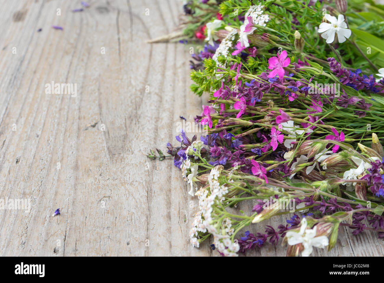 Colorful meadow flowers on a wooden table Stock Photo