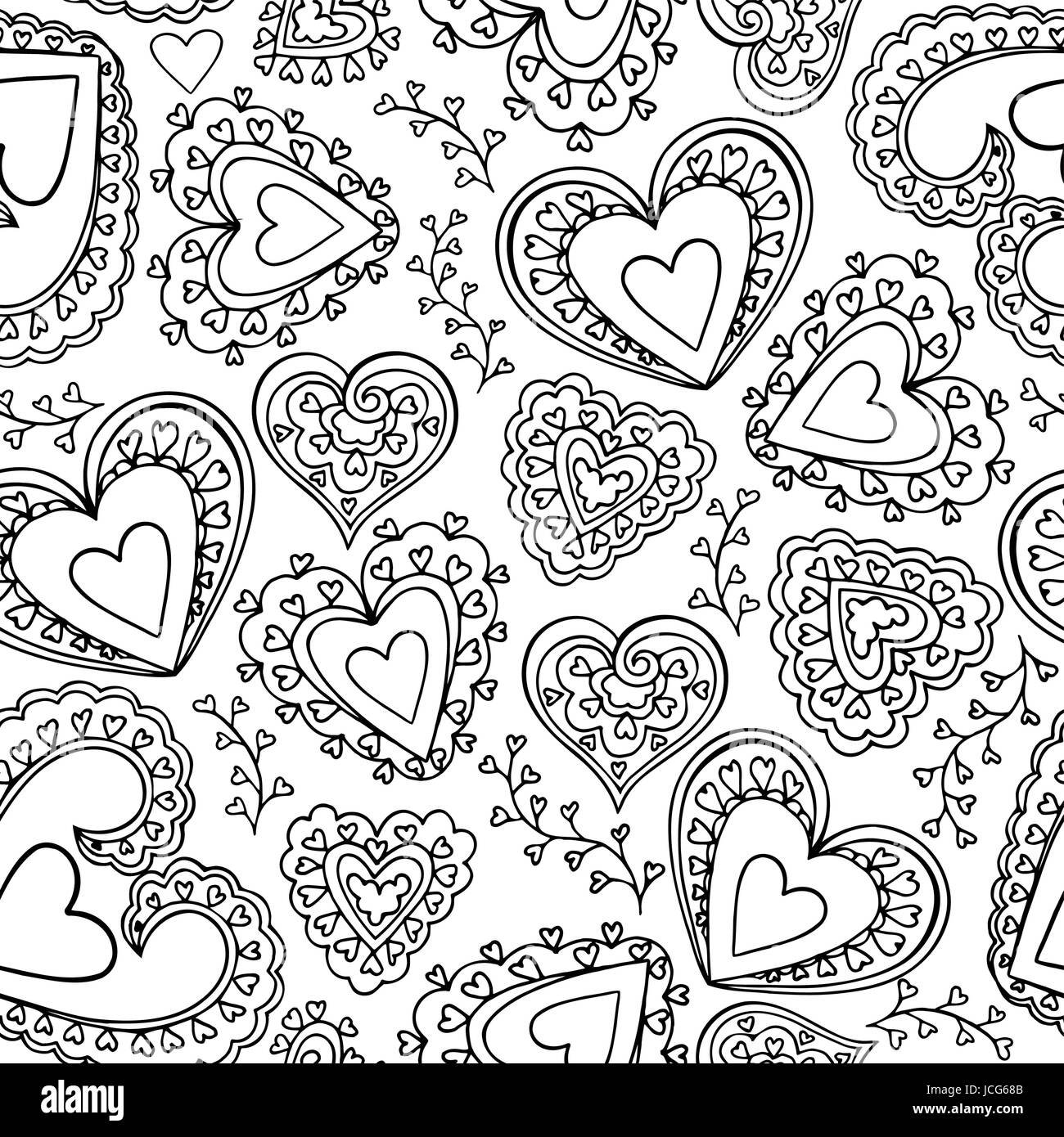 Valentine seamless pattern. Black and white coloring background with ...
