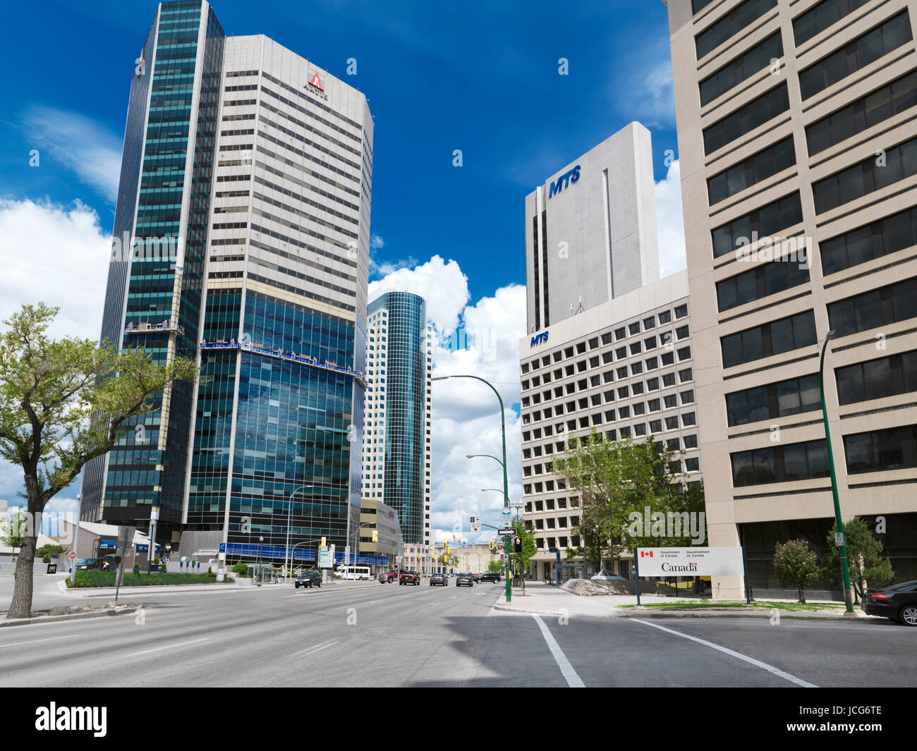 License available at MaximImages.com - Winnipeg downtown city street scenery with high-rise buildings of Artis and MTS. Main street, Winnipeg Manitoba Stock Photo
