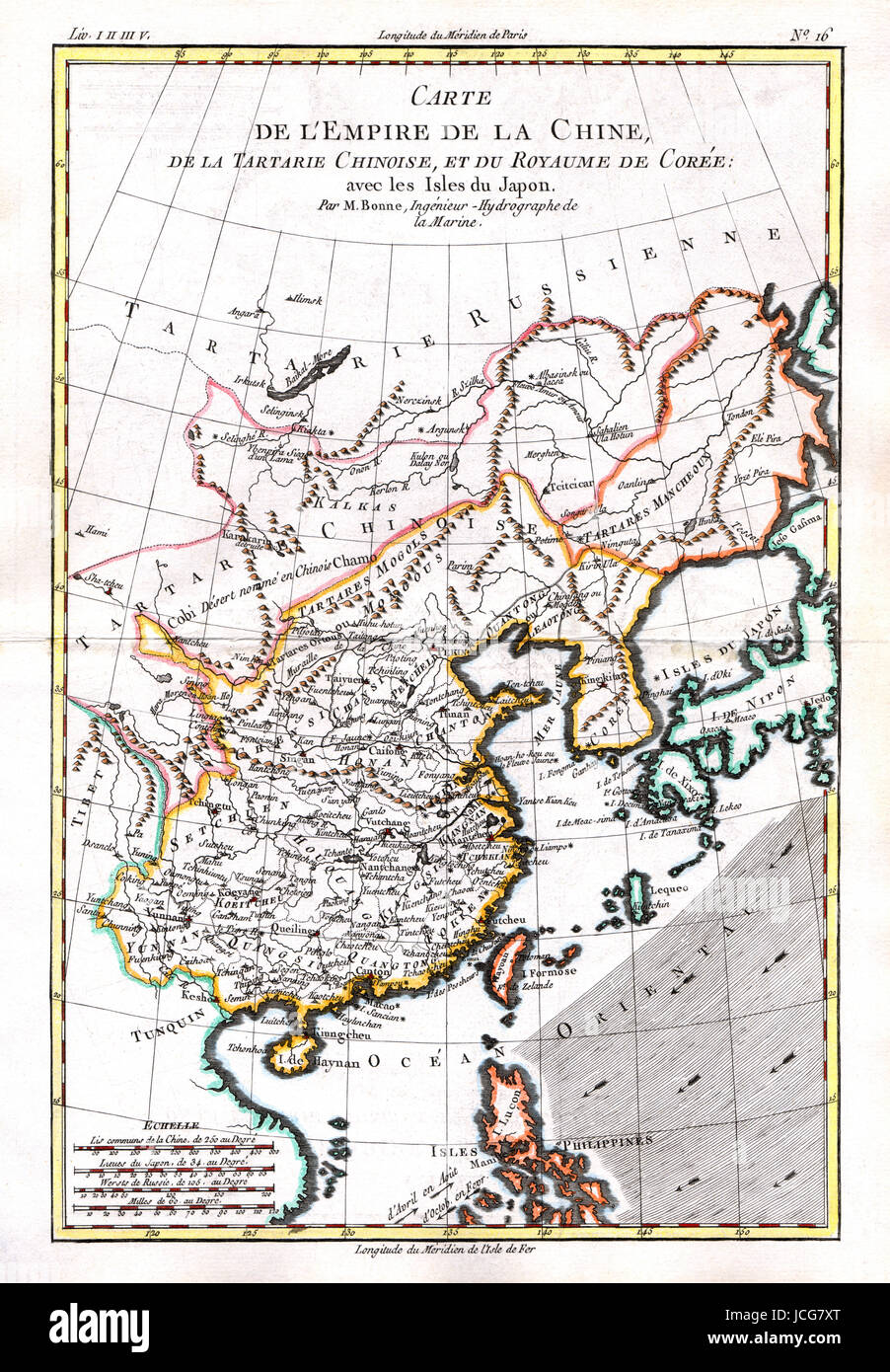 1779 Bonne Map of the Far East showing the Empire of China, Southern Japan, Taiwan as Formosa, Canton Hong Kong, Macau, Pekin, Hainan and other places. Stock Photo