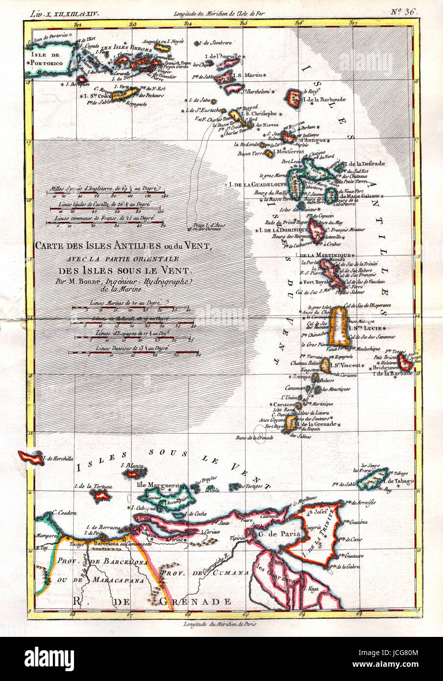 1779 Bonne Map of the Antilles Islands of the West Indies on the Leeward side of the Caribbean Sea. Stock Photo