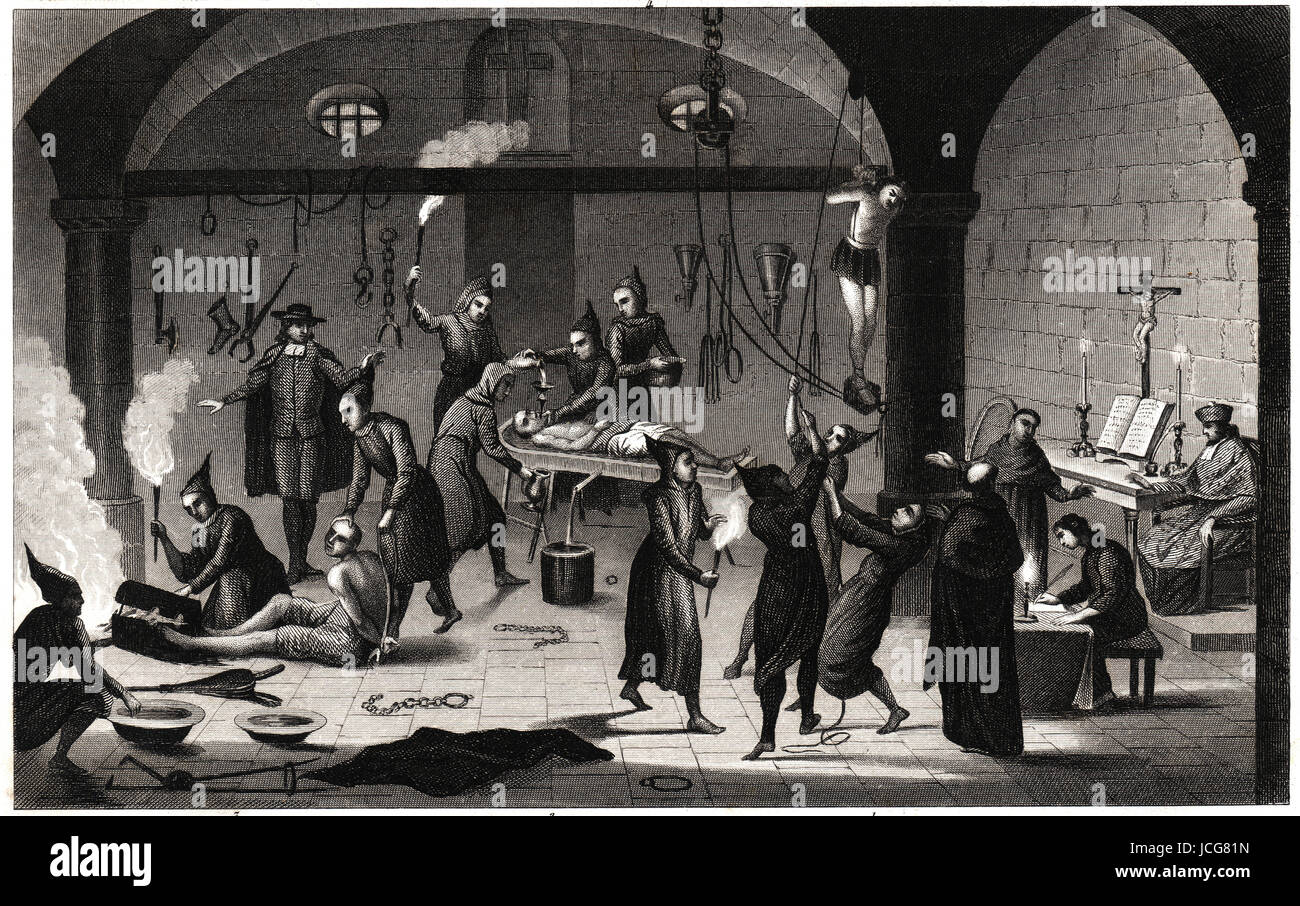 1843 Bilder print of a Medieval dungeon scene of various tortures of heretics during the Spanish Inquisition. Stock Photo