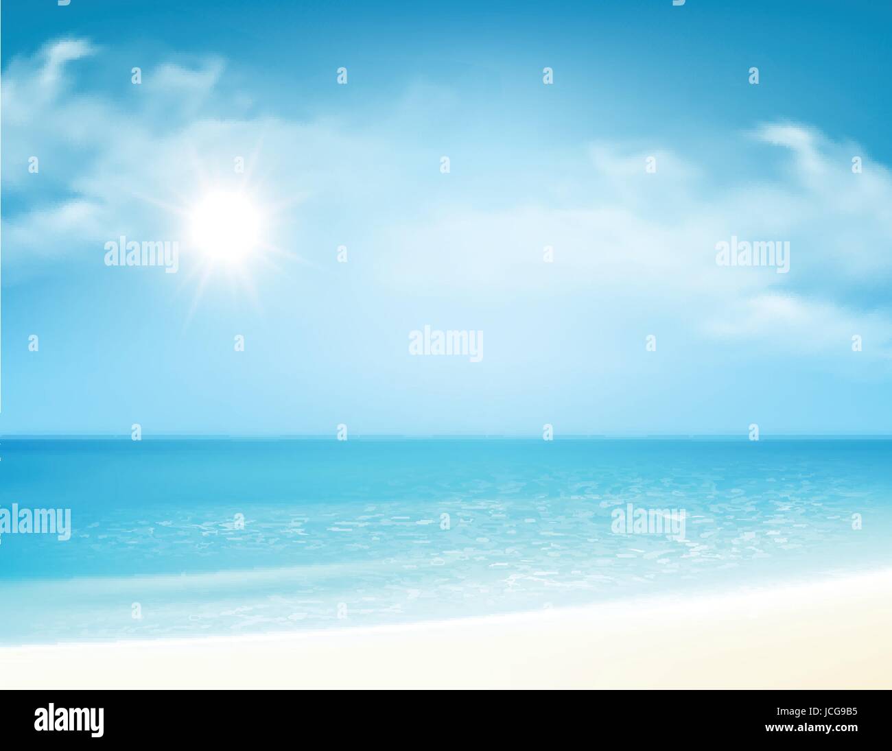 Beach and tropical sea with bright sun. Vector illustration Stock Vector