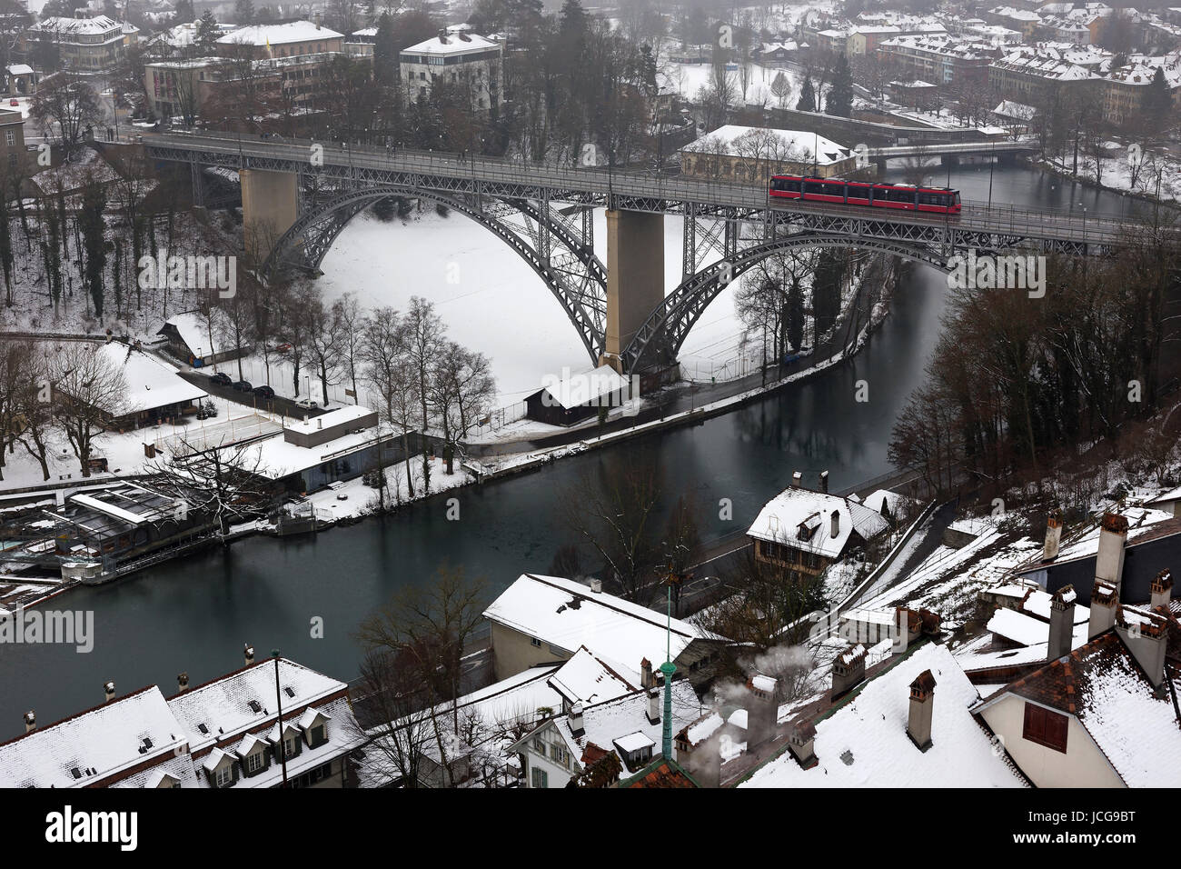 Tram on the bridge in Bern, Switzerland. Stock Photo