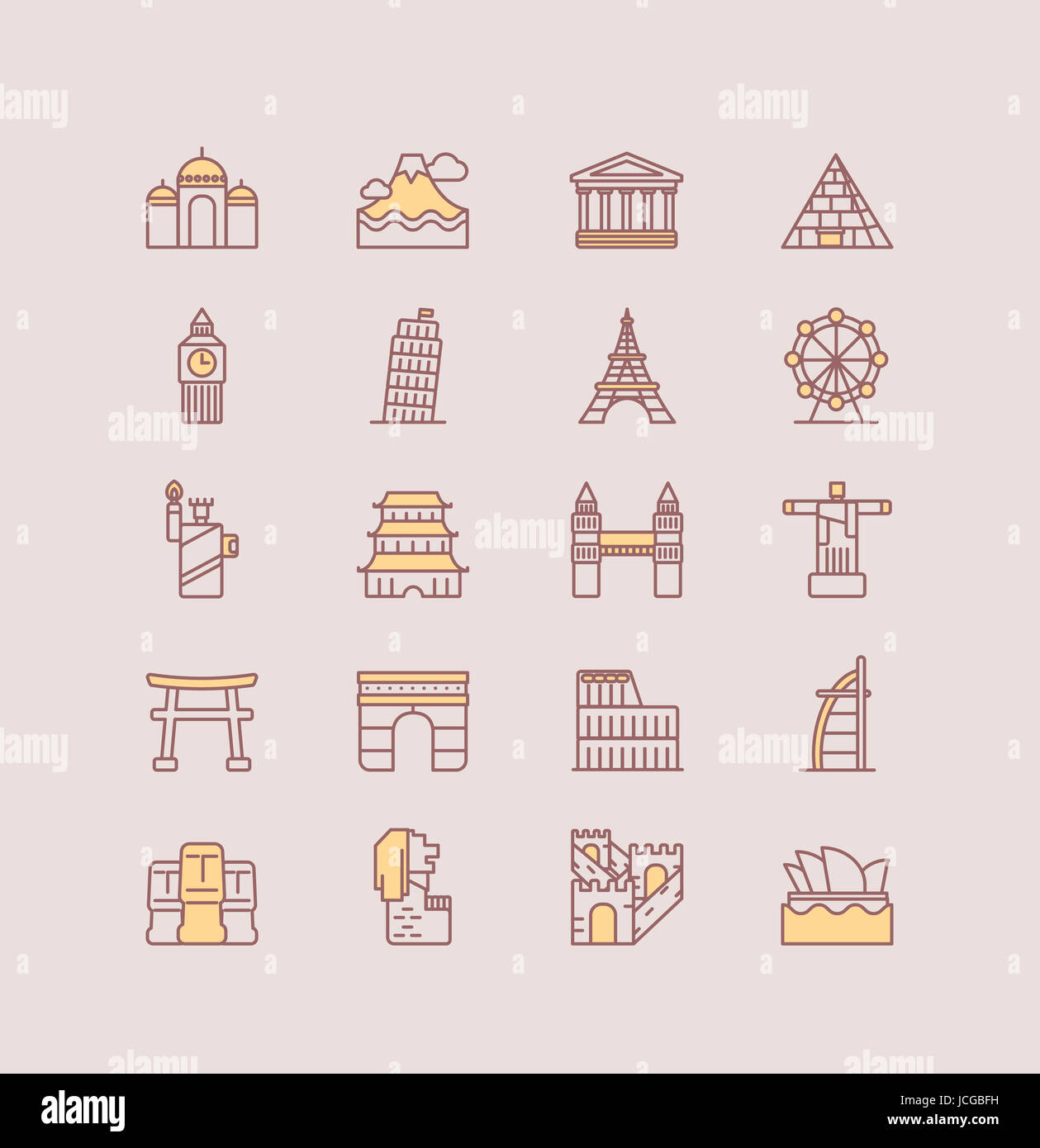Line icon set of various global landmarks Stock Photo - Alamy