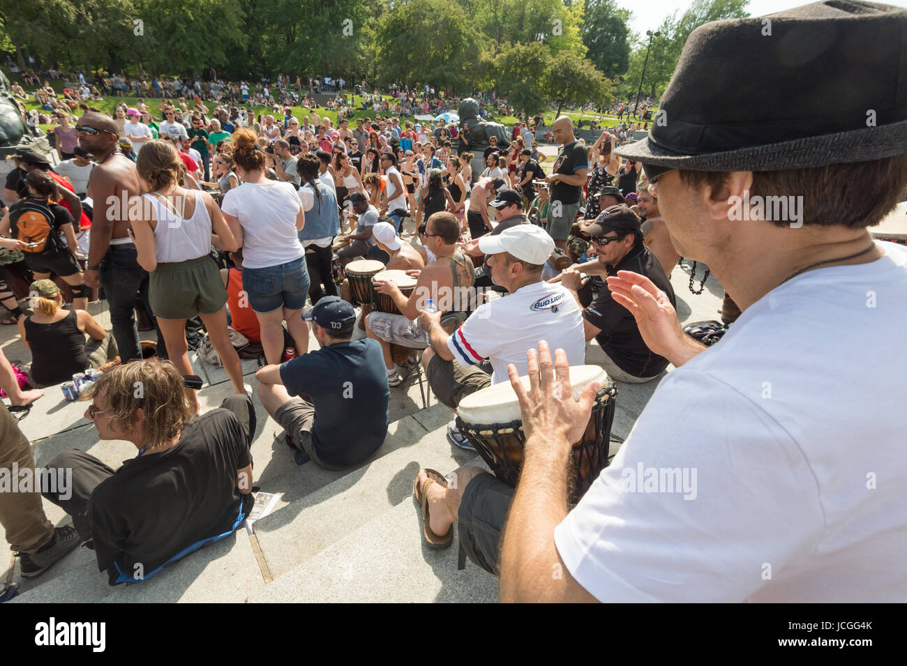 Montreal Tam-Tams Drumming Sessions take place on Sundays in Mount Royal Park (June 2017) Stock Photo