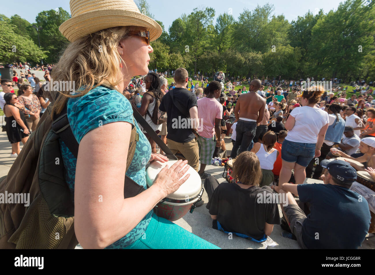 Montreal Tam-Tams Drumming Sessions take place on Sundays in Mount Royal Park (June 2017) Stock Photo