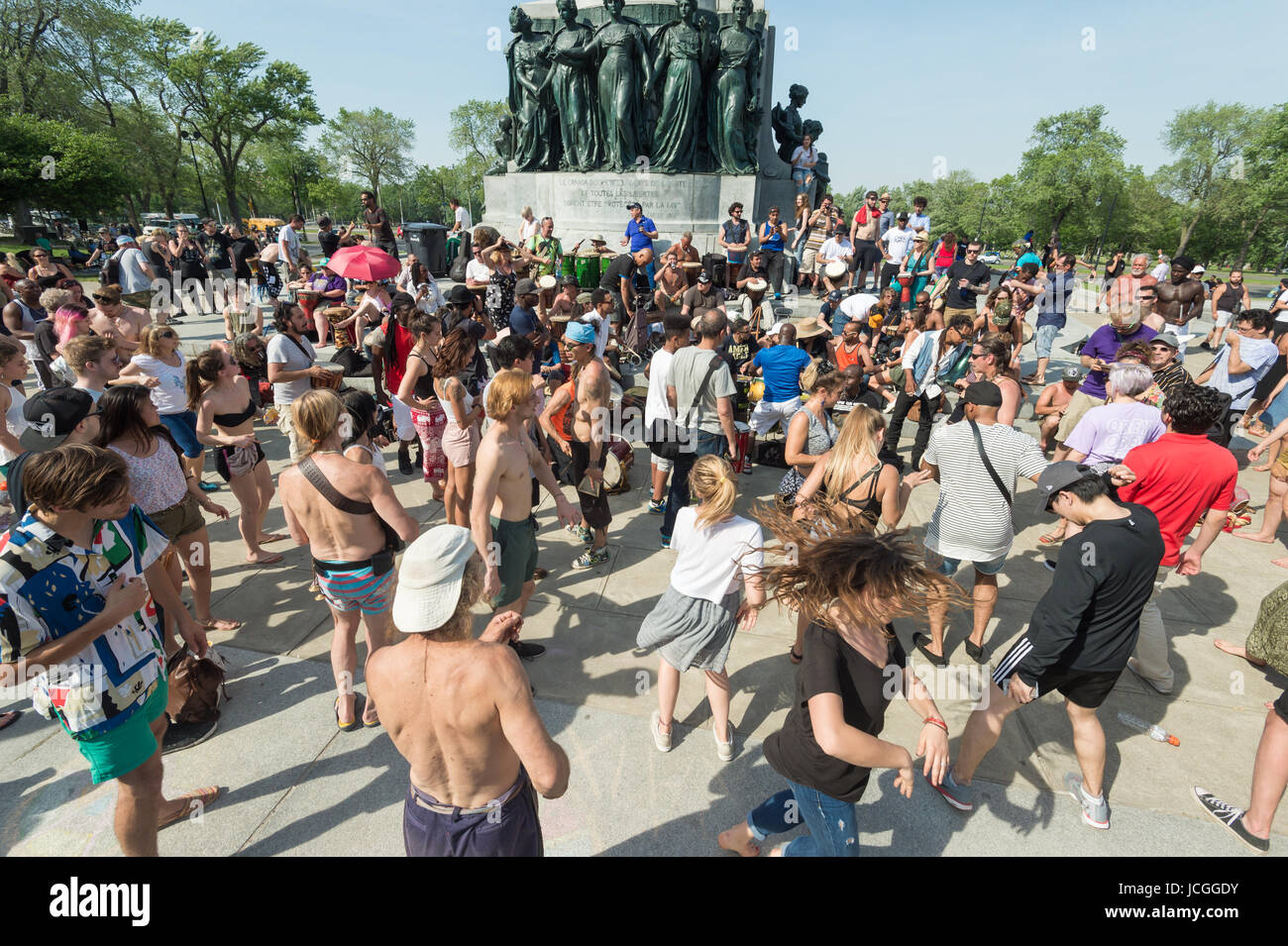Montreal Tam-Tams Drumming Sessions take place on Sundays in Mount Royal Park (June 2017) Stock Photo