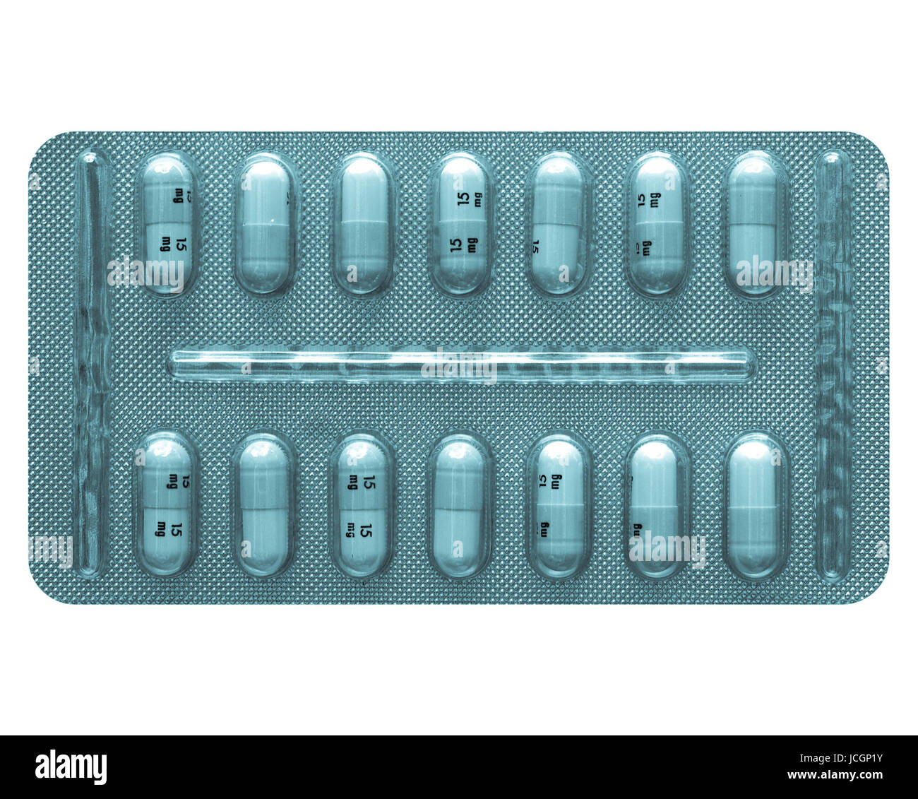 Tablet with medical pharmaceutical pills - cool cyanotype Stock Photo