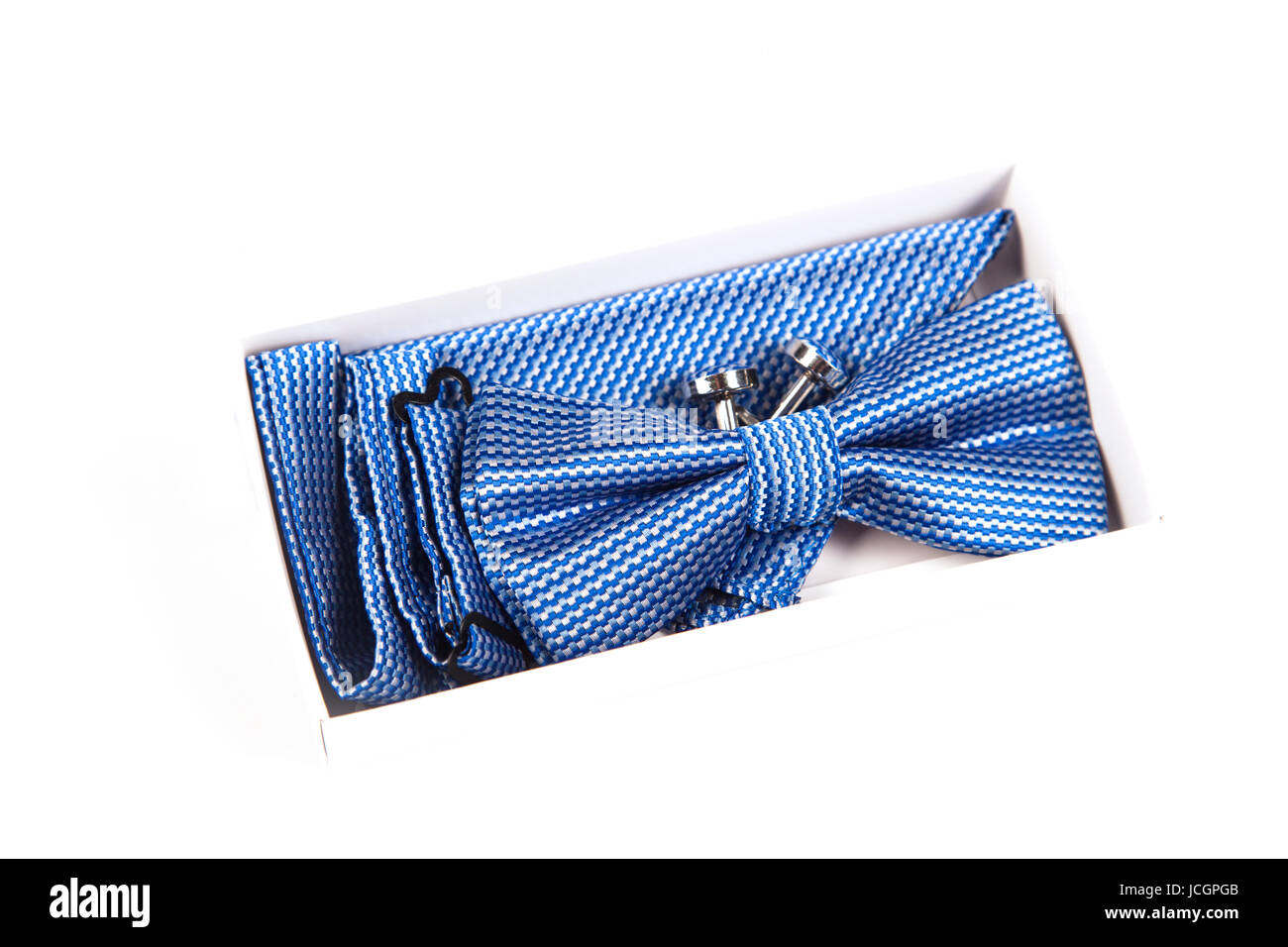 Blue bow tie with a pattern on a white background. Accessory for formal dress. Men's and women's accessories. Men's and women's bow tie. Hipster style Stock Photo