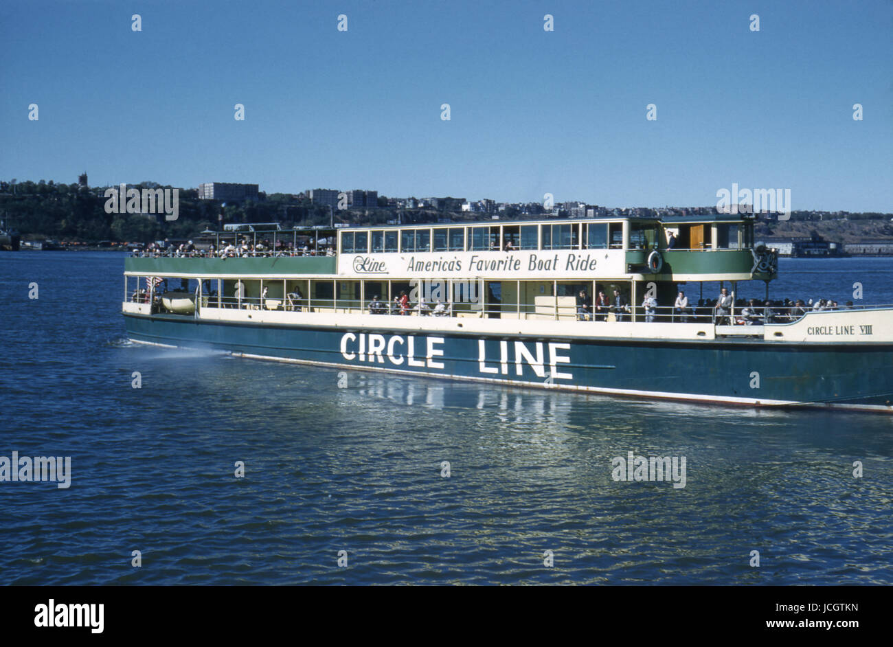 Antique October 1958 photograph, Circle Line VIII tour boat at Pier 83 on the Hudson River in New York City. SOURCE: ORIGINAL 35mm TRANSPARENCY. Stock Photo