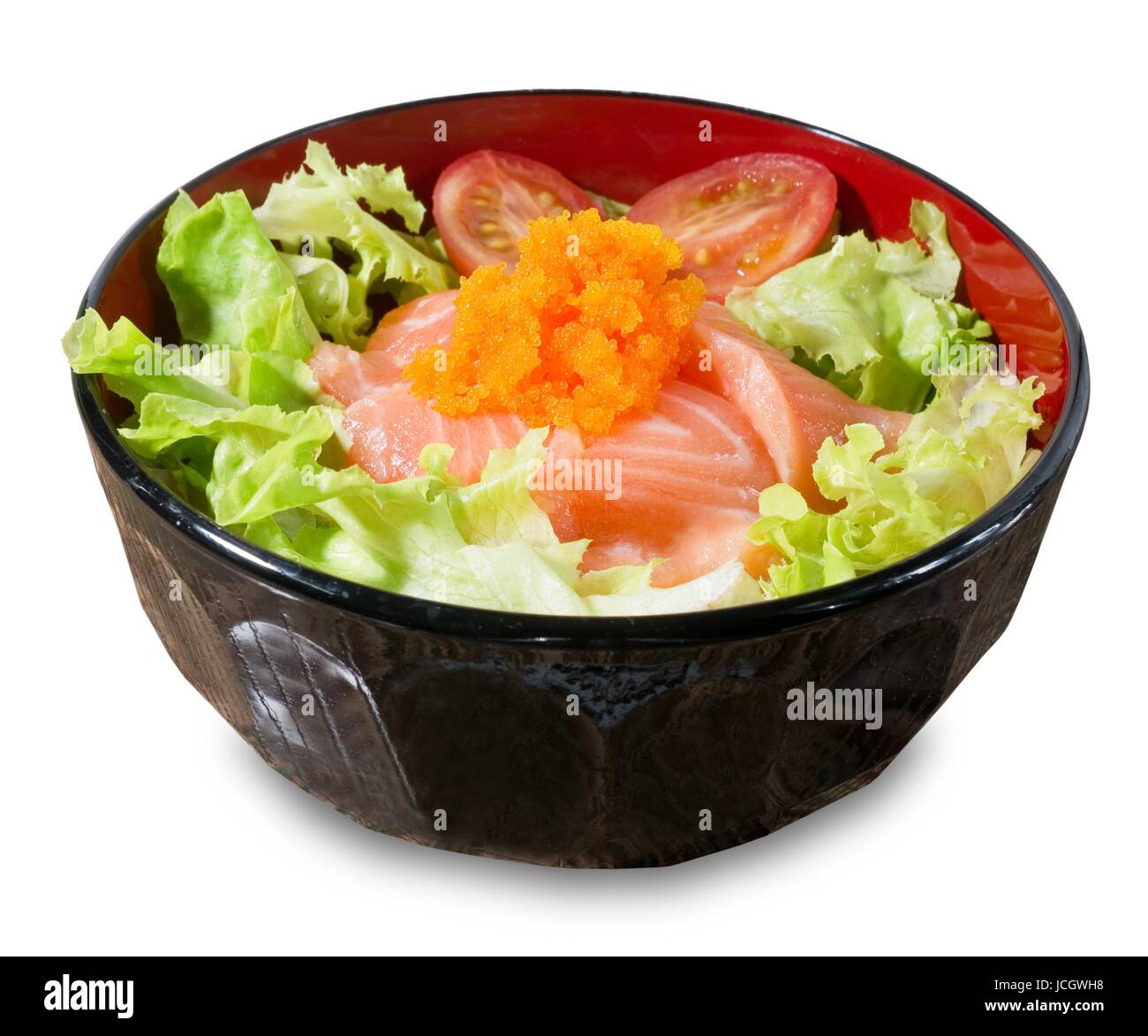 Japanese Cuisine, Steamed Rice Topping with Fresh Salmon, Tomaroes and ...