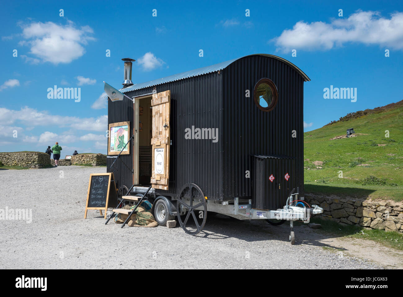 Black hut used as a cafe in the car park at Moel Famau country park, North Wales, UK. Stock Photo