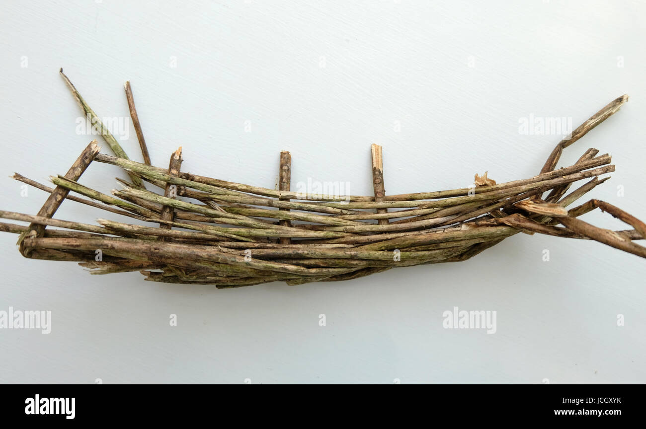 Piece of decaying woven willow on white background Stock Photo