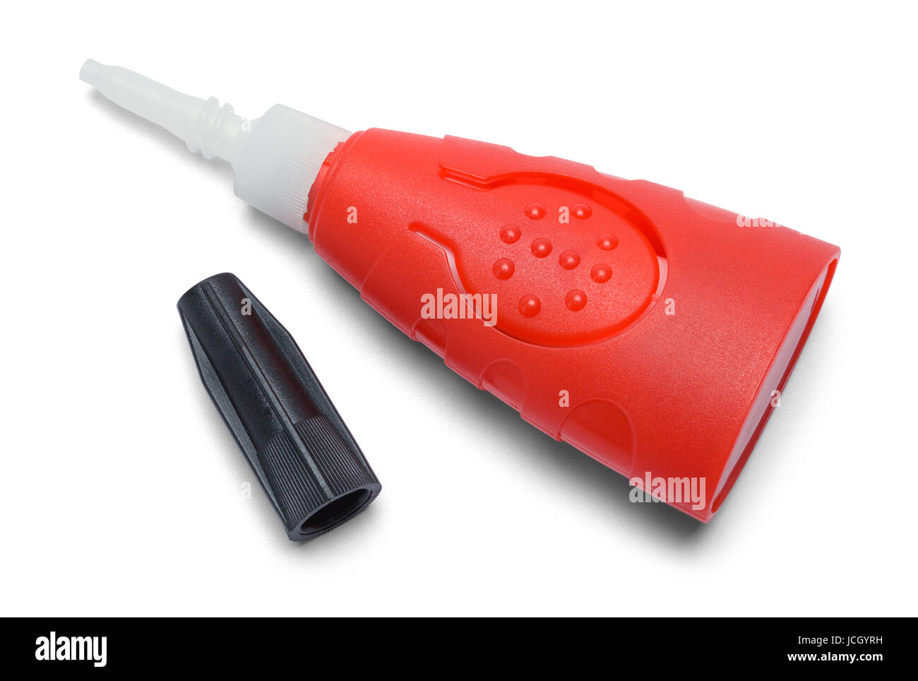 Red Bottle of Model Glue with Lid Isolated on White Background. Stock Photo