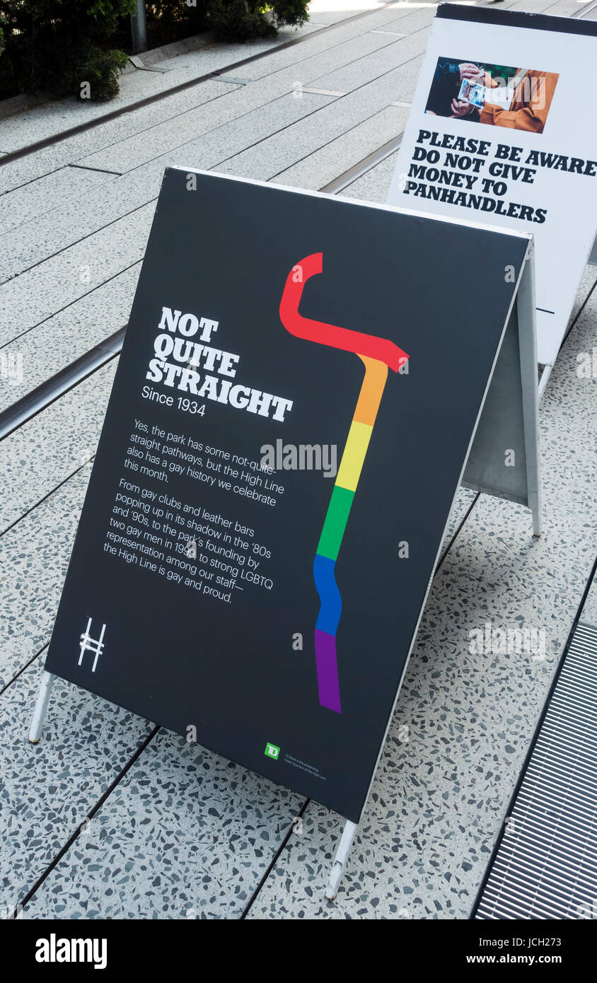 Sign on the High Line explains the park's connection with the LBGT community in this Chelsea area of New York City Stock Photo