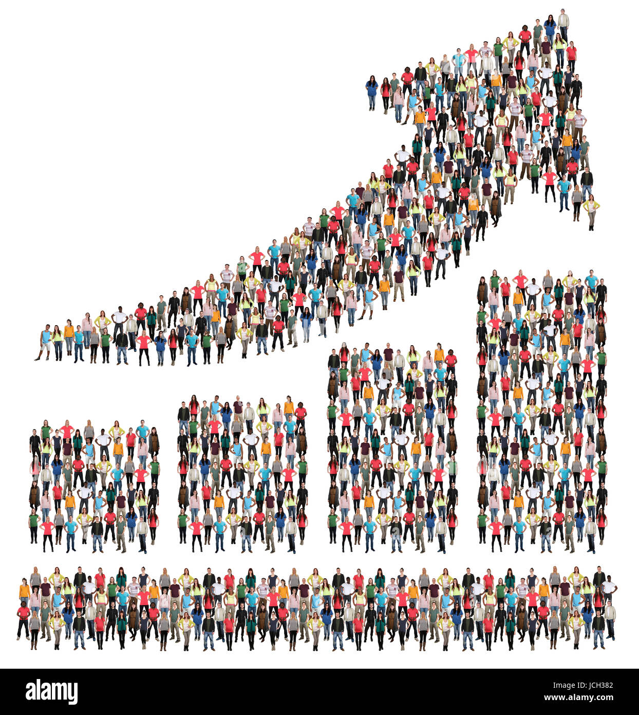 Bar chart arrow sales group of people success business profit growth marketing growing Stock Photo