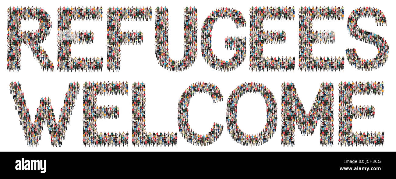 Refugees welcome immigrants multi ethnic group of people isolated Stock Photo