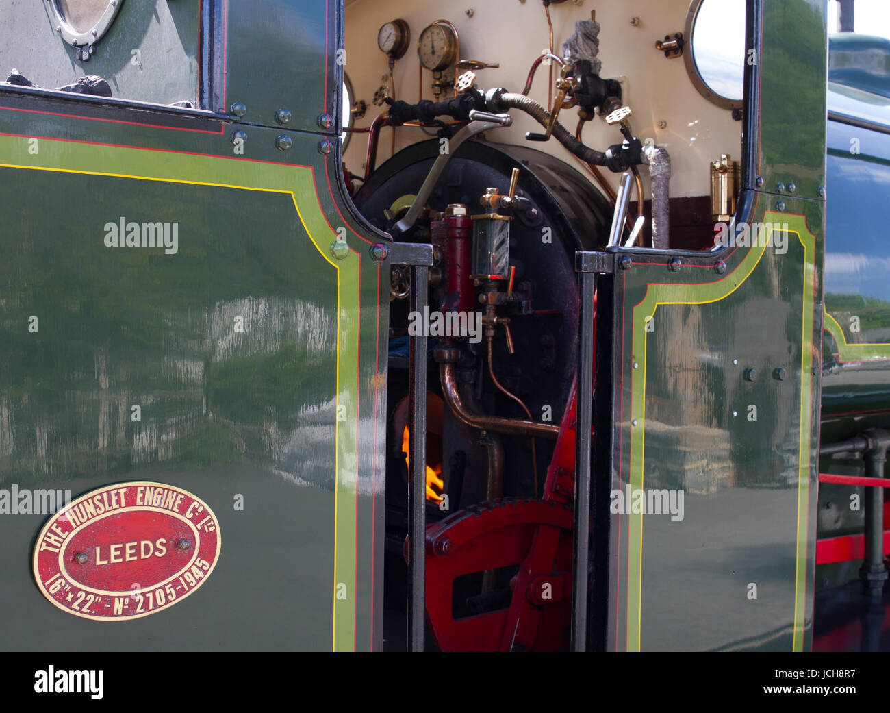 Steam Engine Beatrice built by Hunslet in Leeds showing her cab detail and fire. Stock Photo