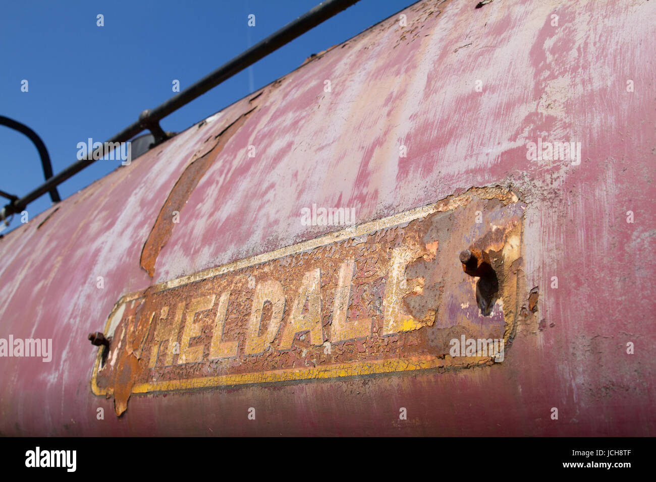 Embsay and Bolton Abbey Railway Steam Engine Wheldale Currently Out of Service awaiting a full overhaul. Ex industrial loco painted name shows wear. Stock Photo