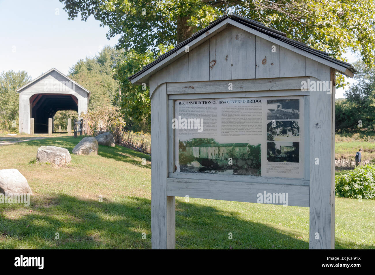 Old Covered bridge, 1854, oldest covered bridge in Sheffield, MA. Restored in 1998. 100 ft. spans Housatonic River. Natl. Register of Historic Places. Stock Photo
