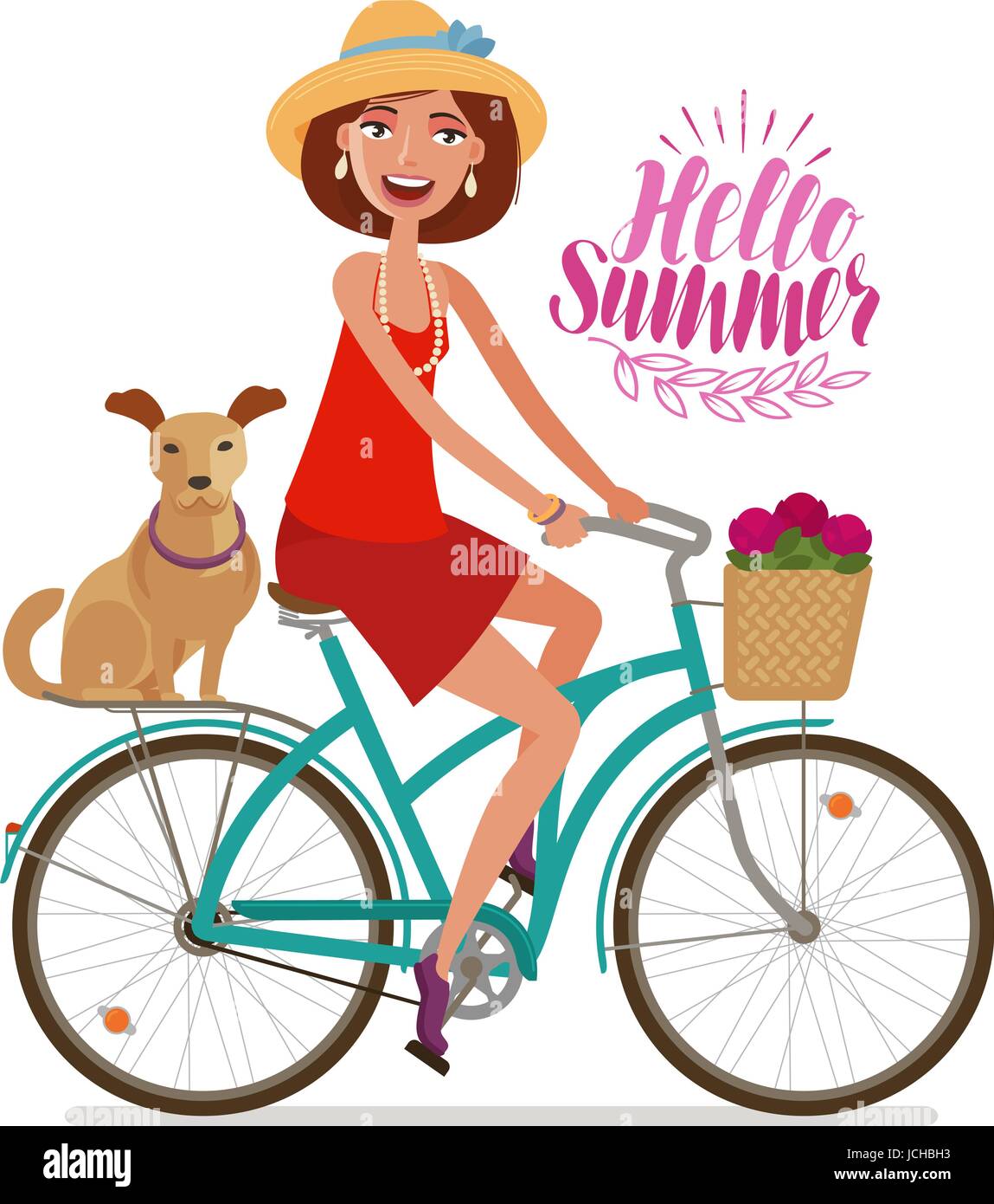Beautiful girl on bike. Perfect getaway, vacation, journey icon. Cartoon vector illustration Stock Vector