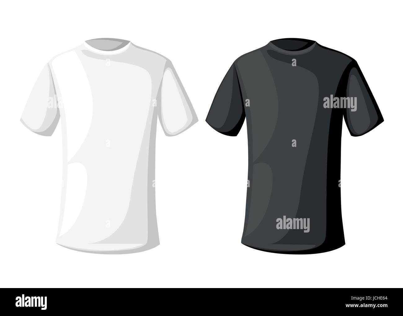 Vector illustration. Men's short round neck t-shirt . Front, side and back views. Black and white variants. Stock Vector