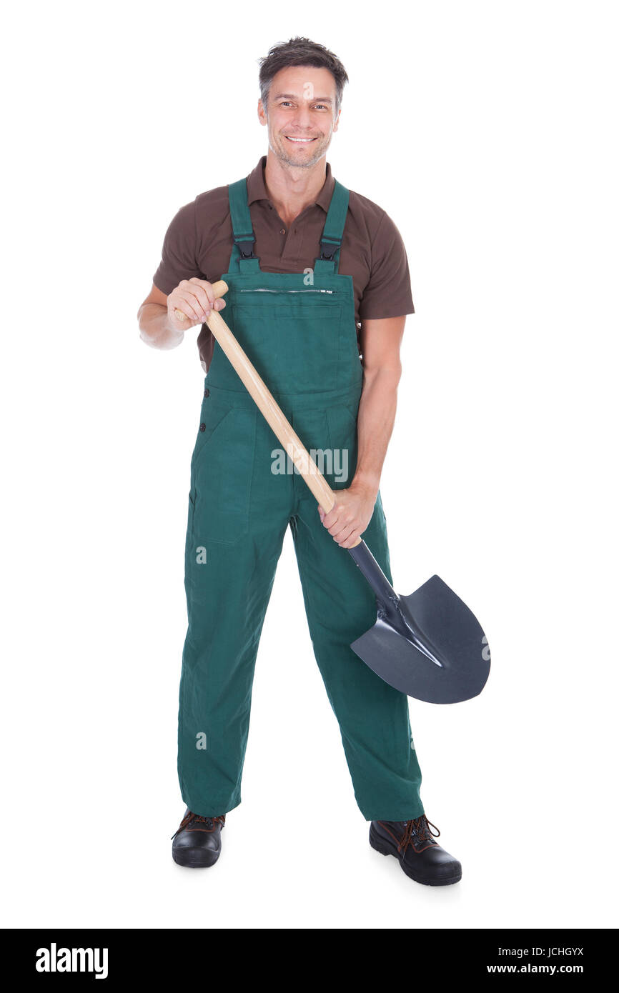 Portrait Of Cheerful Male Gardener With Shovel Over White Background ...
