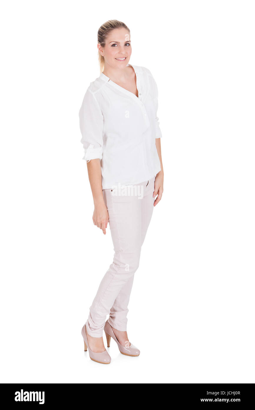 Portrait Of Young Happy Woman Isolated Over White Background Stock ...