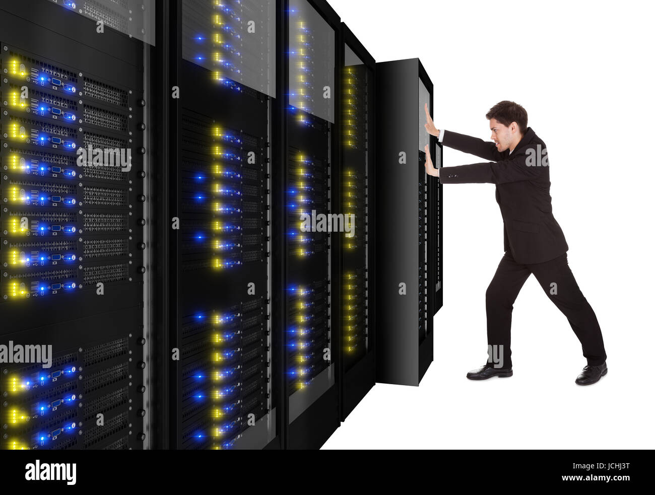 Businessman pushing server rack in place. Isolated on white Stock Photo ...