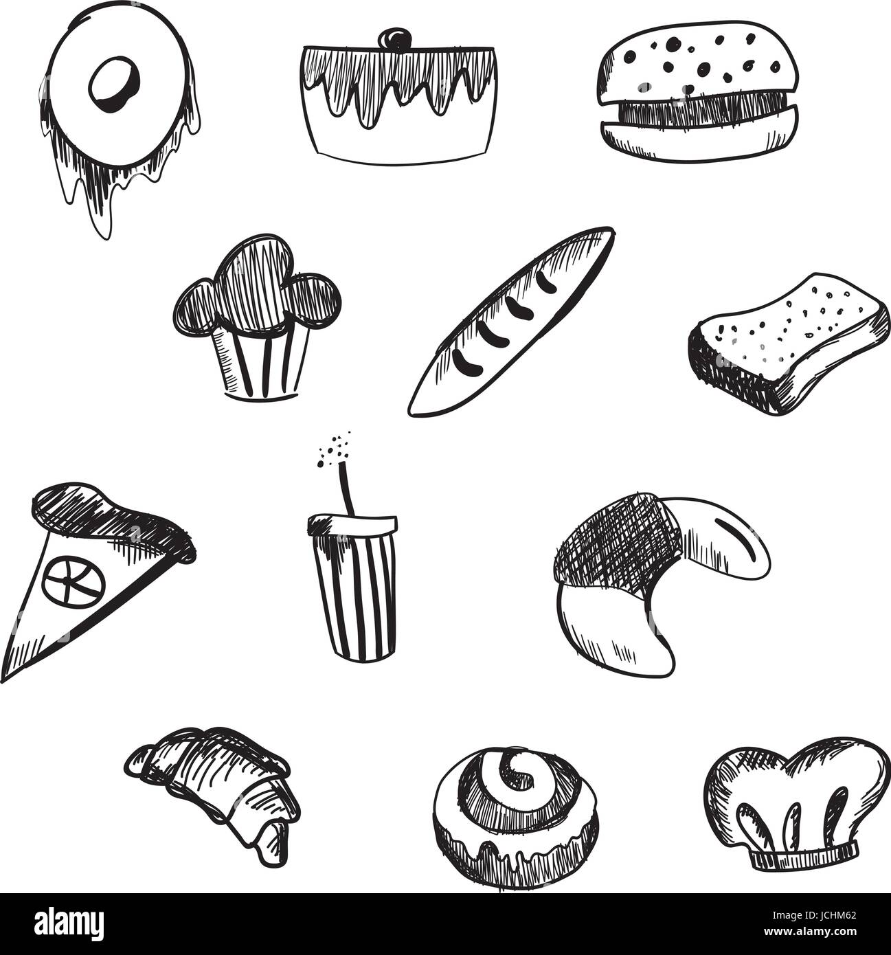 Hand Drawn bakery and fast food icon set. Blackboard stickers with chalk design. Vector illustration. Donut, soda, pizza and burger, cake, cupcake, baguette and Croissant for cut out. Stock Vector