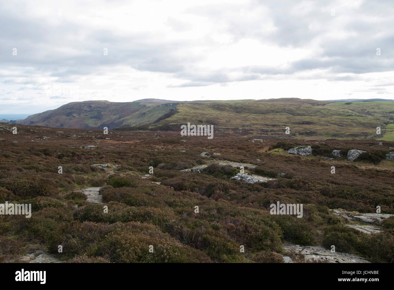 View across Fair Head, Ballycastle, County Antrim, Northern Ireland. Stock Photo