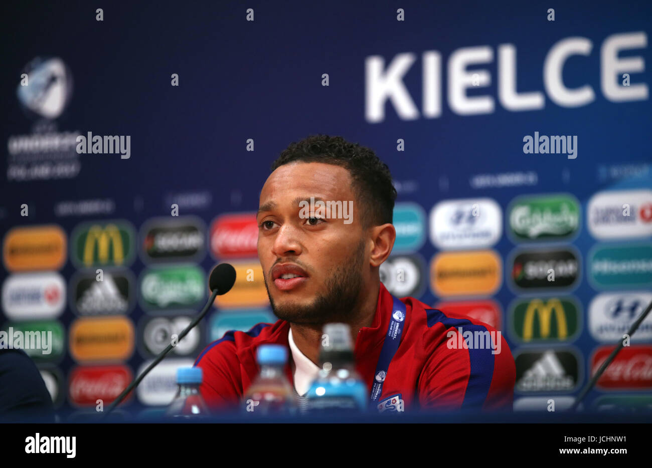 England U21's Lewis Baker speaks to the media after the team walkaround at the Kolporter Arena in Kielce, Poland. Stock Photo