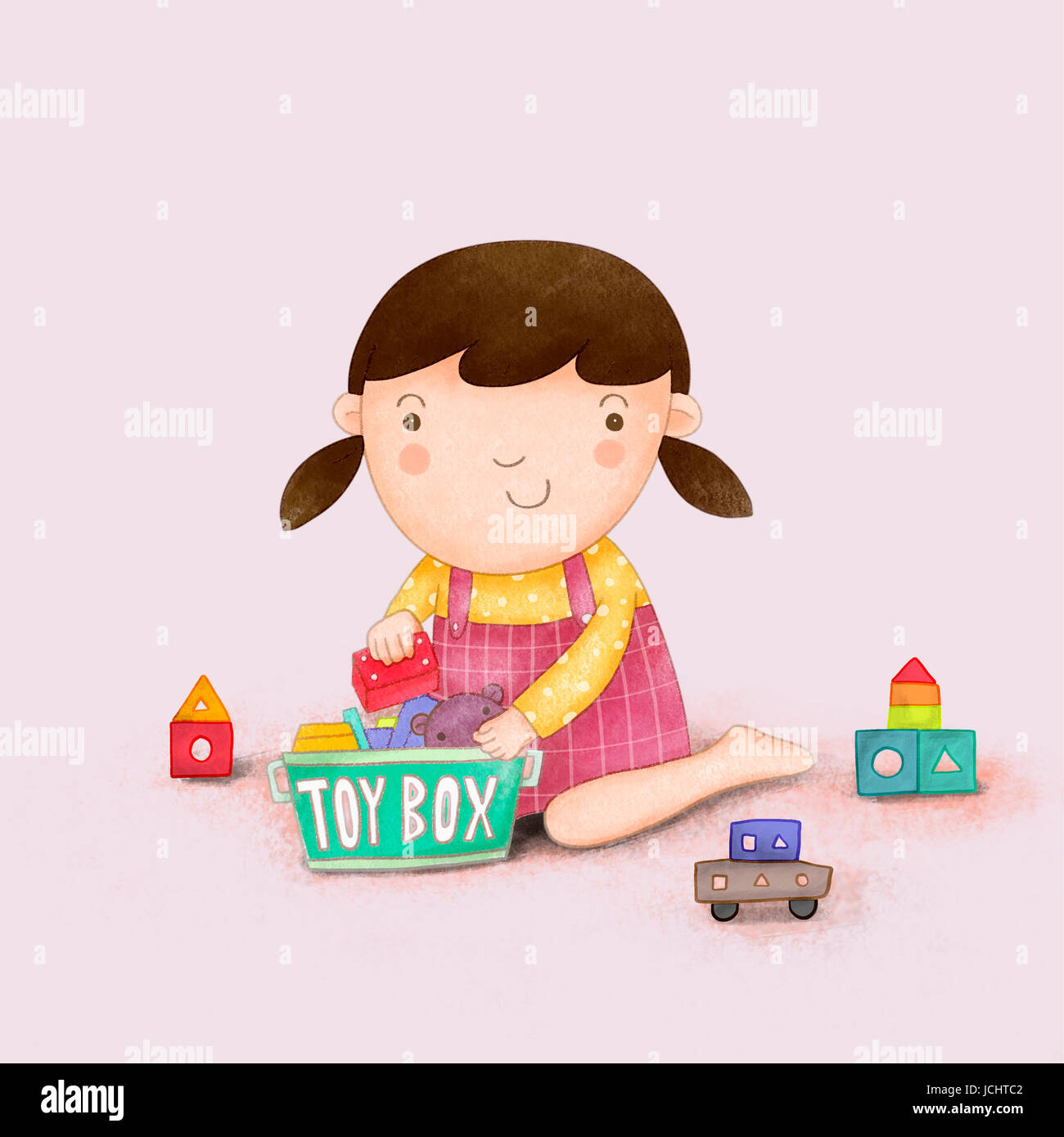 Smiling girl putting away toys in illustration Stock Photo Alamy