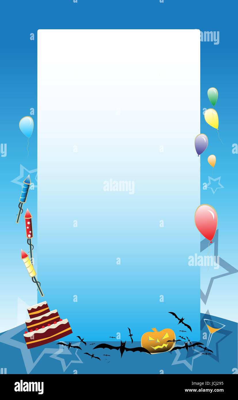 Blue vectrot Party background with baloons, cake and other party symbols Stock Photo