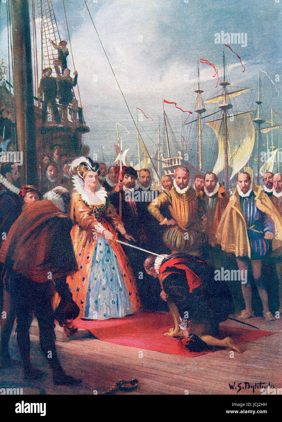 Queen Elizabeth I knighting Sir Francis Drake on board The Golden Hind at Deptford 4th April, 1581. Elizabeth I,aka The Virgin Queen, Gloriana or Good Queen Bess, 1533 –  1603.  Queen of England and Ireland. Sir Francis Drake, vice admiral, c. 1540 –  1596.  English sea captain, privateer, navigator, slaver, and politician.   After the painting by W.S. Bagdatopoulus(1888-1965).  From Hutchinson's History of the Nations, published 1915. Stock Photo