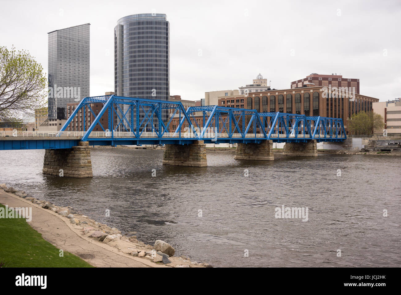 The city of Grand Rapids next to the Grand River in Michigan, USA Stock