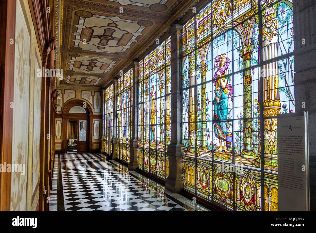 Chapultepec Castle hallway corridor with Stained glass windows - Mexico City, Mexico Stock Photo