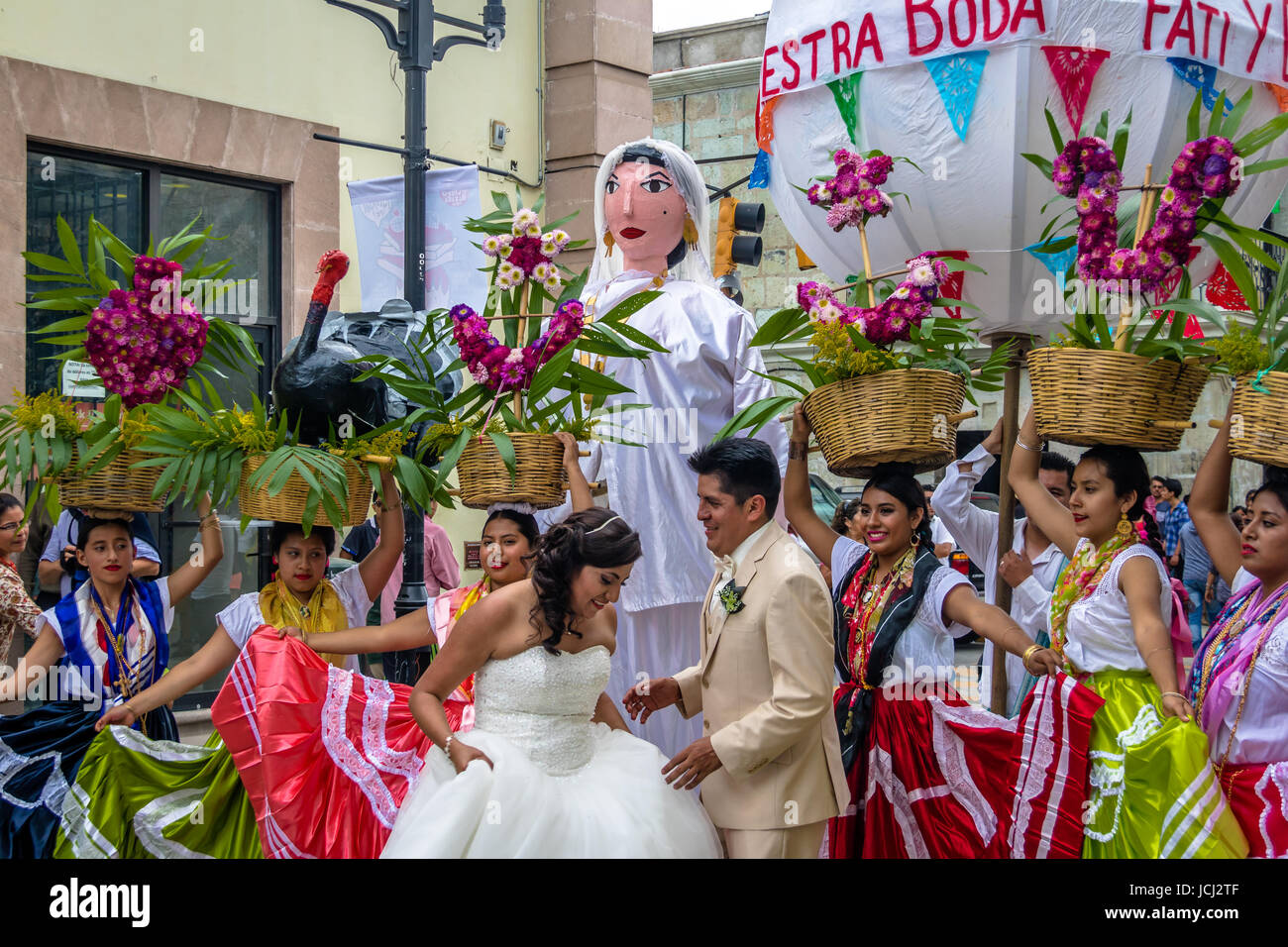Typical Regional Mexican Wedding Parade know as Calenda de Bodas - Oaxaca, Mexico Stock Photo