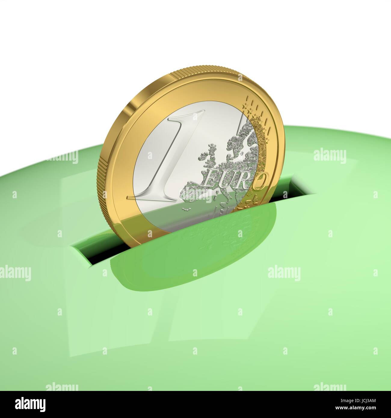 Ein Euro verschwindet im Sparschwein Stock Photo