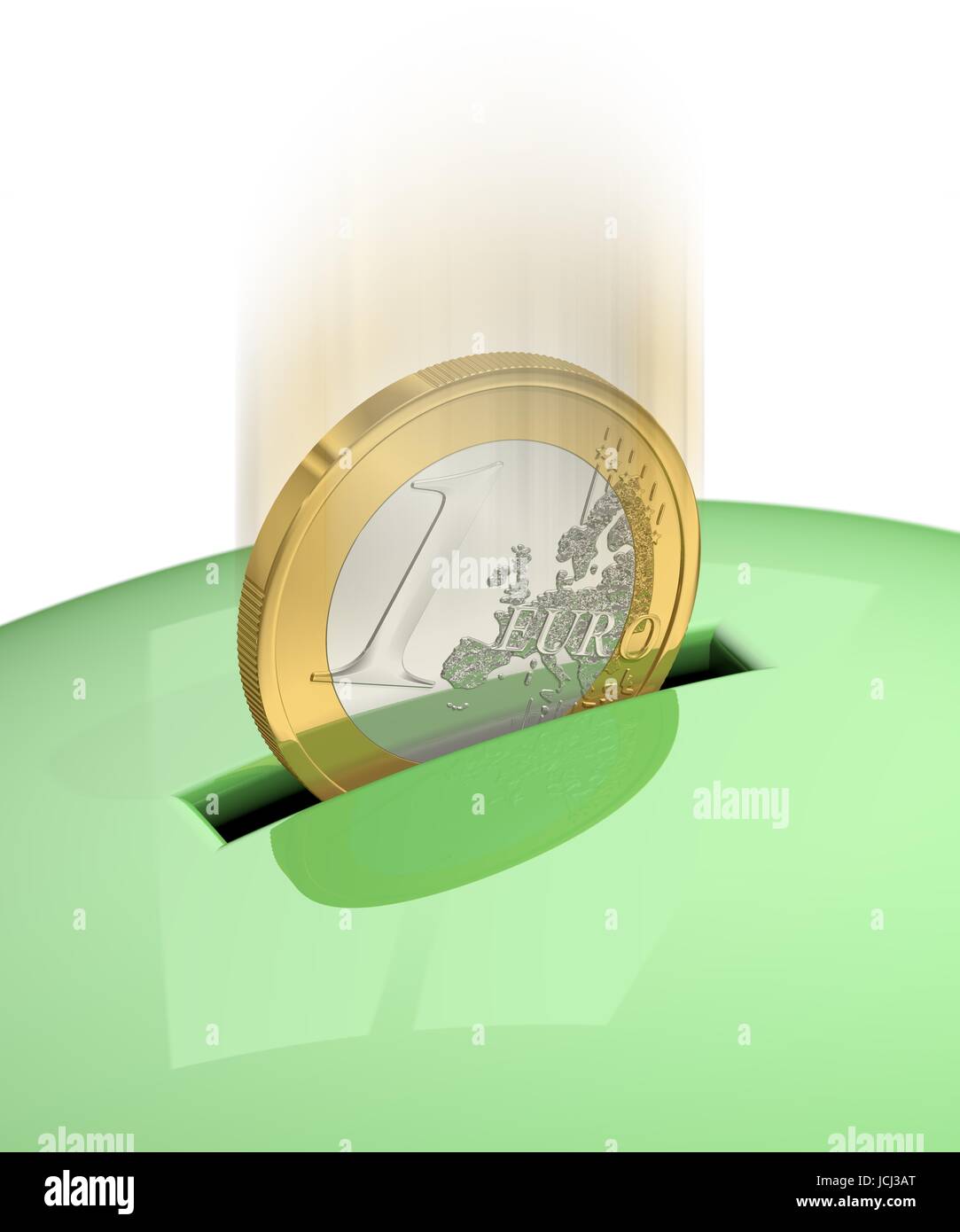 Ein Euro verschwindet im Sparschwein Stock Photo