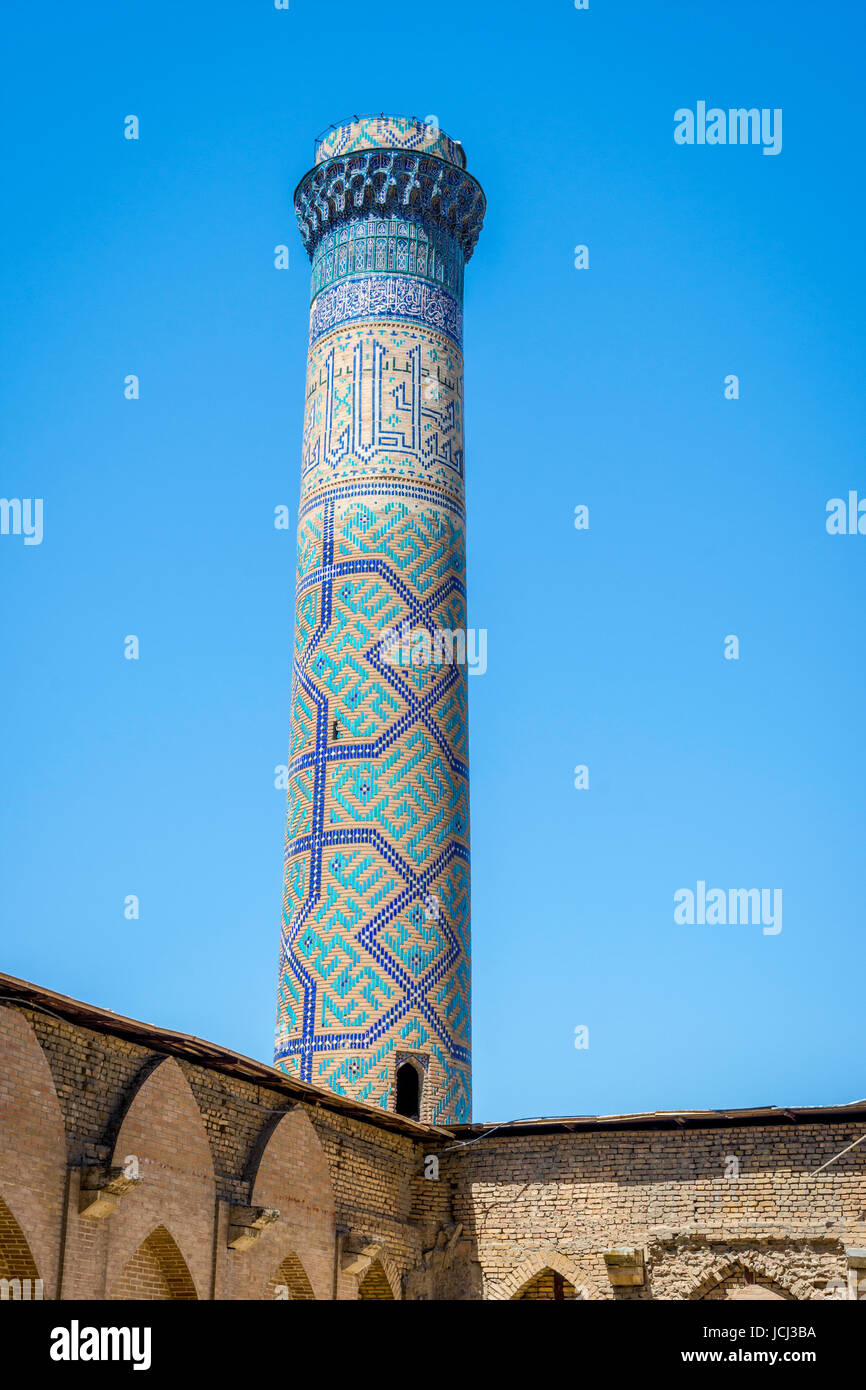 Minaret with blue tiles, Samarkand, Uzbekistan Stock Photo