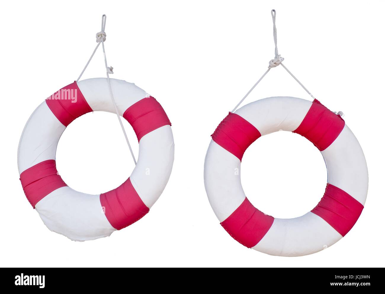 Two Red Life Buoy for Swimming Pool Isolated on White Background. Stock Photo