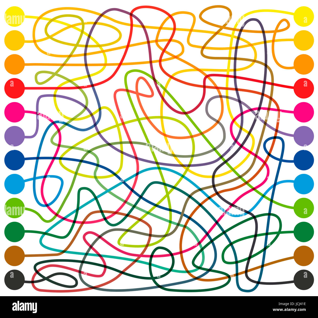 Labyrinth, colored lines - connect the colored dots, find the right way through the tangled colorful maze from one end to the other. Stock Photo