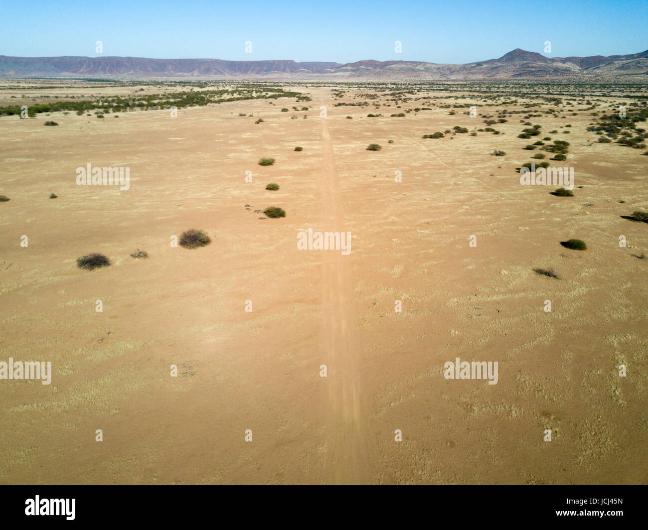 A dirt runway in the remote village of Onyuva in Namibia’s Kunene Region. Stock Photo