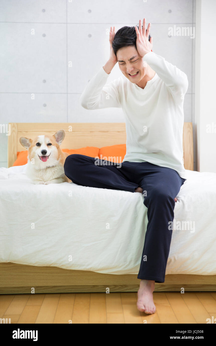 Young stressful bachelor and his pet dog Stock Photo Alamy